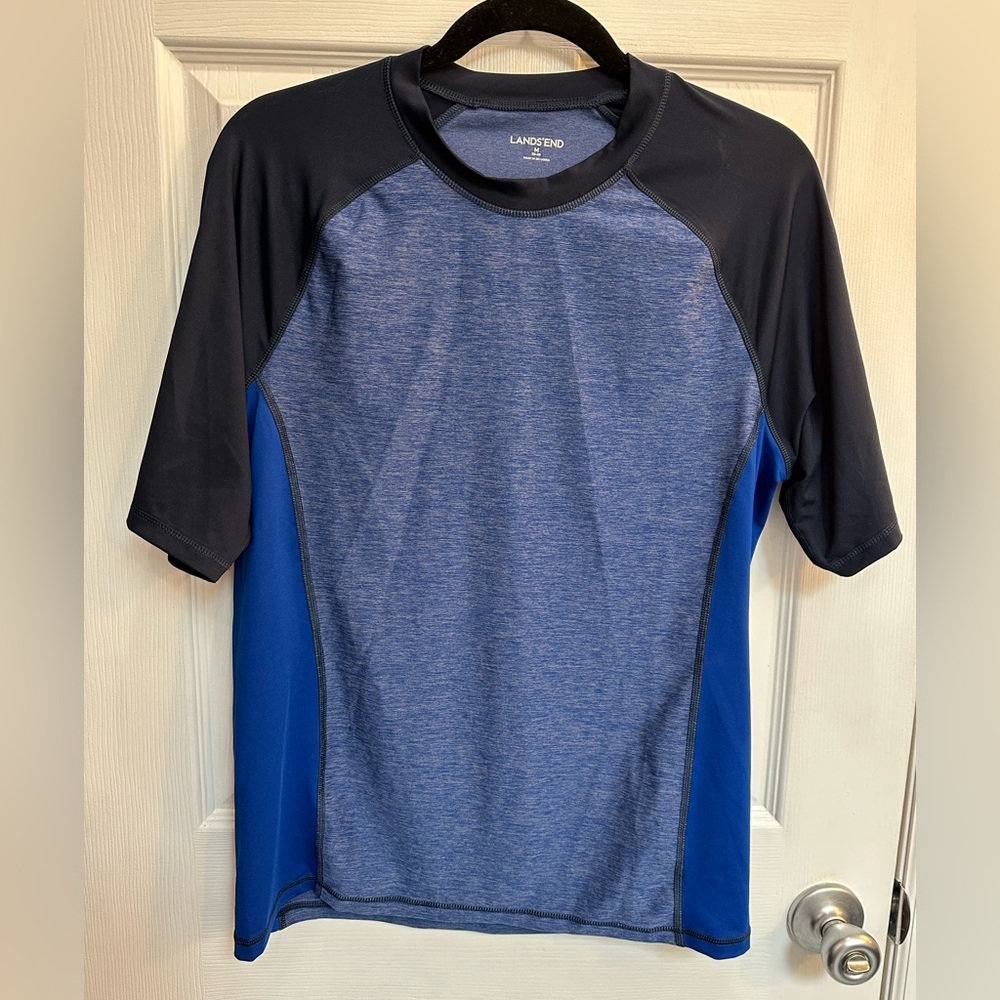 2 Lands End short sleeve rash guards in blue and gray size Medium